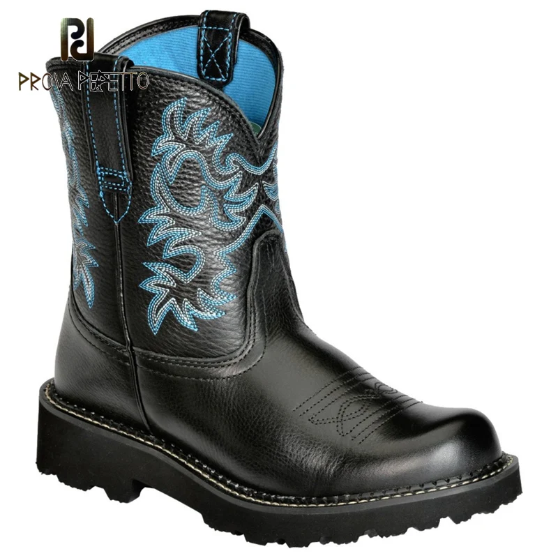 

Autumn New Ladies Round-head Thick-soled Heightened Knight Boots Retro Black Stitching Embroidery Mid-tube Martin Boots