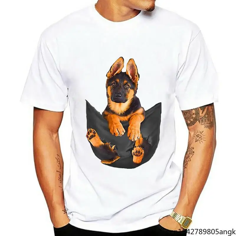

German Shepherd In Pocket T Shirt Dog Lovers Black Unisex Summer Trend Soft Round Neck Classic Casual