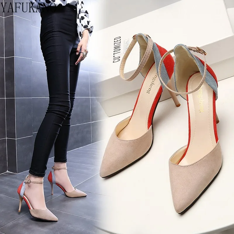 

2021 New Pointed Toe Color Matching High Heels Female Thin Heels Single Shoes Mid Hollow Ladies Party Dress Shoes Casual Pumps