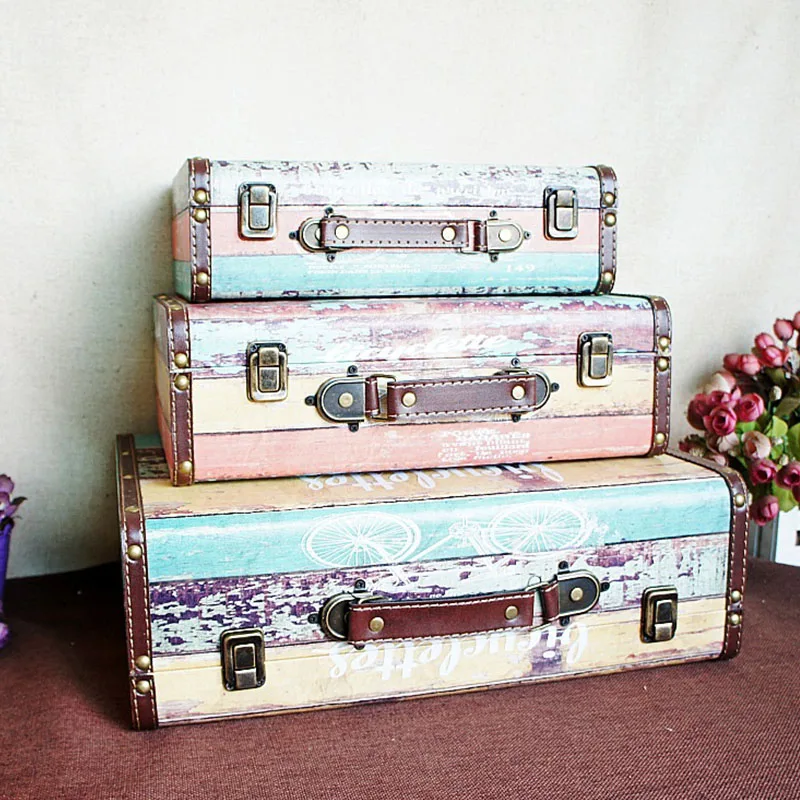 

Home Decor Contrast Color Suitcase Antique Wooden Storage Box Decoration Furnishings Sundries Organizer Photograph Props Crafts