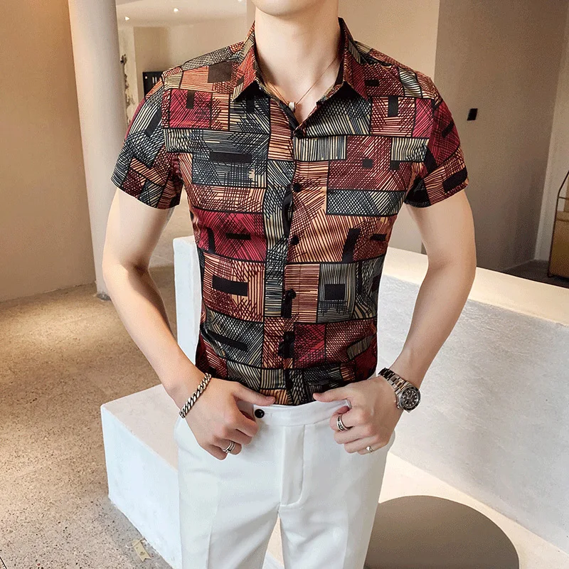 

Men's Shirt 2020 Summer New Trend Irregular Grid Sketch Printing Slim Fit Men's Comfortable Breathable Short Sleeve Shirt