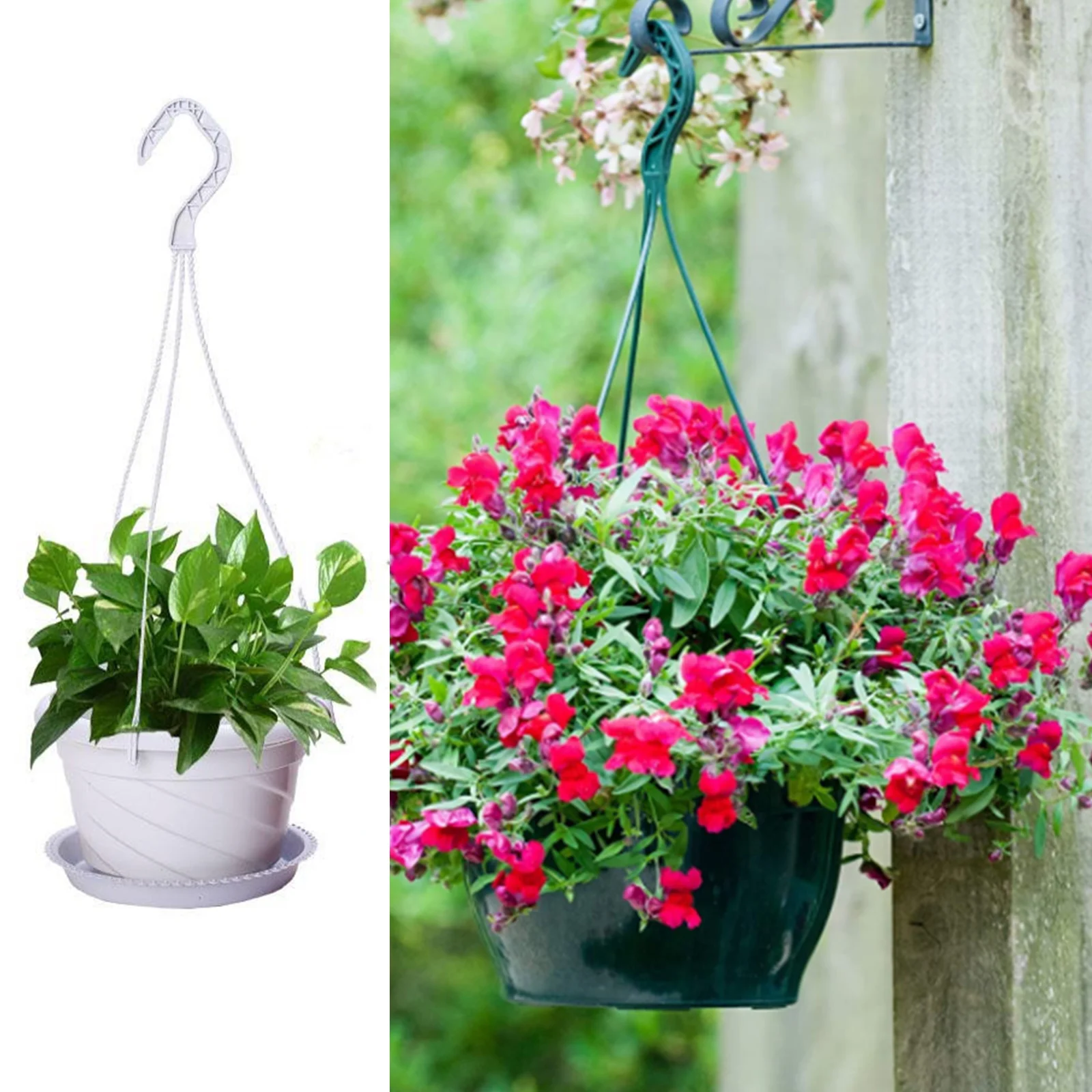 

20.8cm Outdoor Grey Plastic Hanging Baskets Large Empty Flower Plant Container Pot With Long Hanger Hooks to Hang on Garden Wall