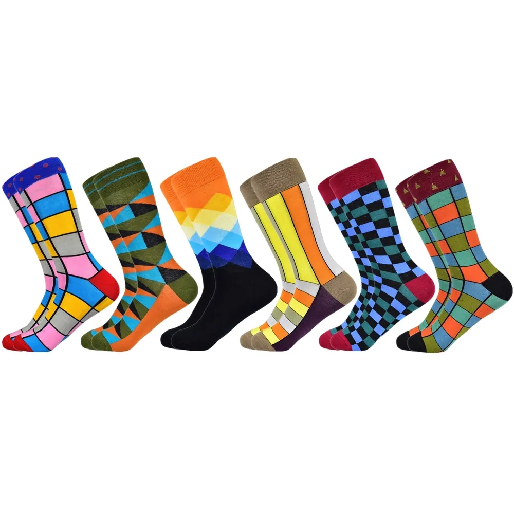 6 pairs socks-11 Популярные мужские носки из чесаного хлопка подарки для мужчин клетчатые геометрические повседневные мужские носки Цветные счастливые мужские носки - Цвет: 6 pairs socks-11