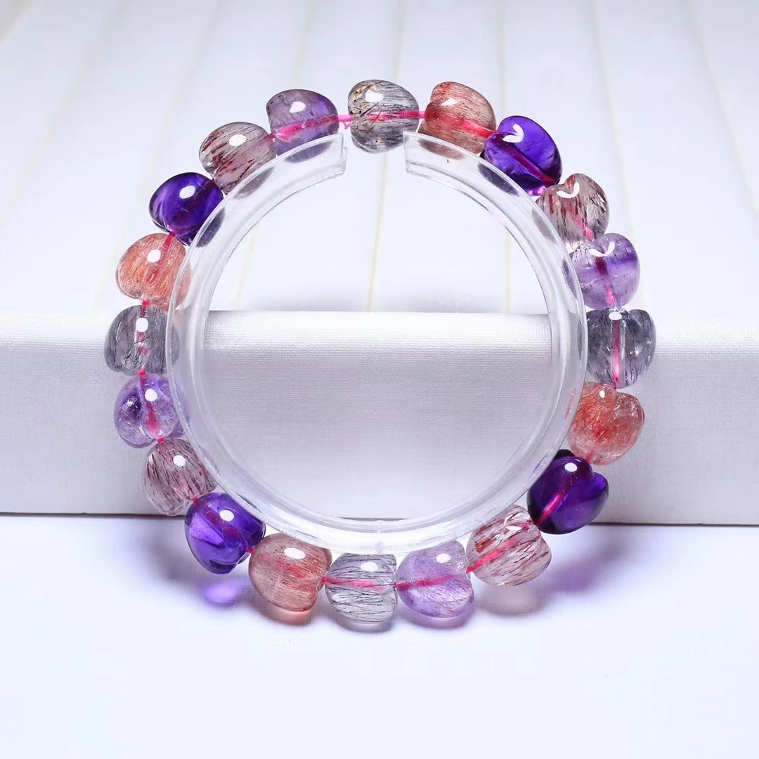 

Brazil Natural Colorful Super Seven 7 Bracelet 10mm Clear Heart Beads Rutilated Quartz Crystal For Women Men AAAAAA