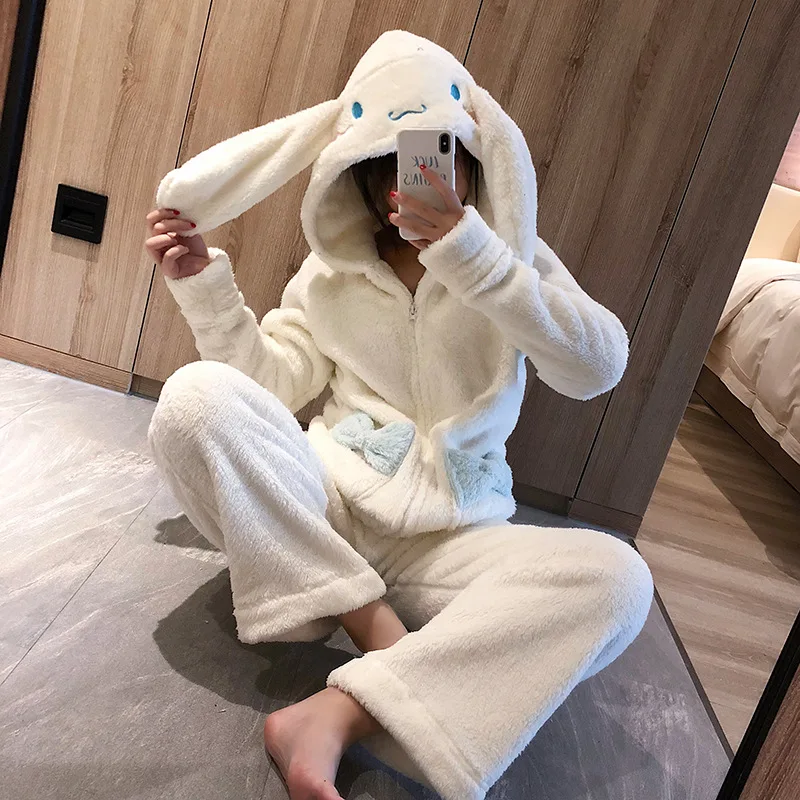 

Cartoon Coral Fleece Long Ear Hooded Sleepwear Warm Thick Winter Pajamas Set Top Pants Girls White Cute Rabbit Homewear Women