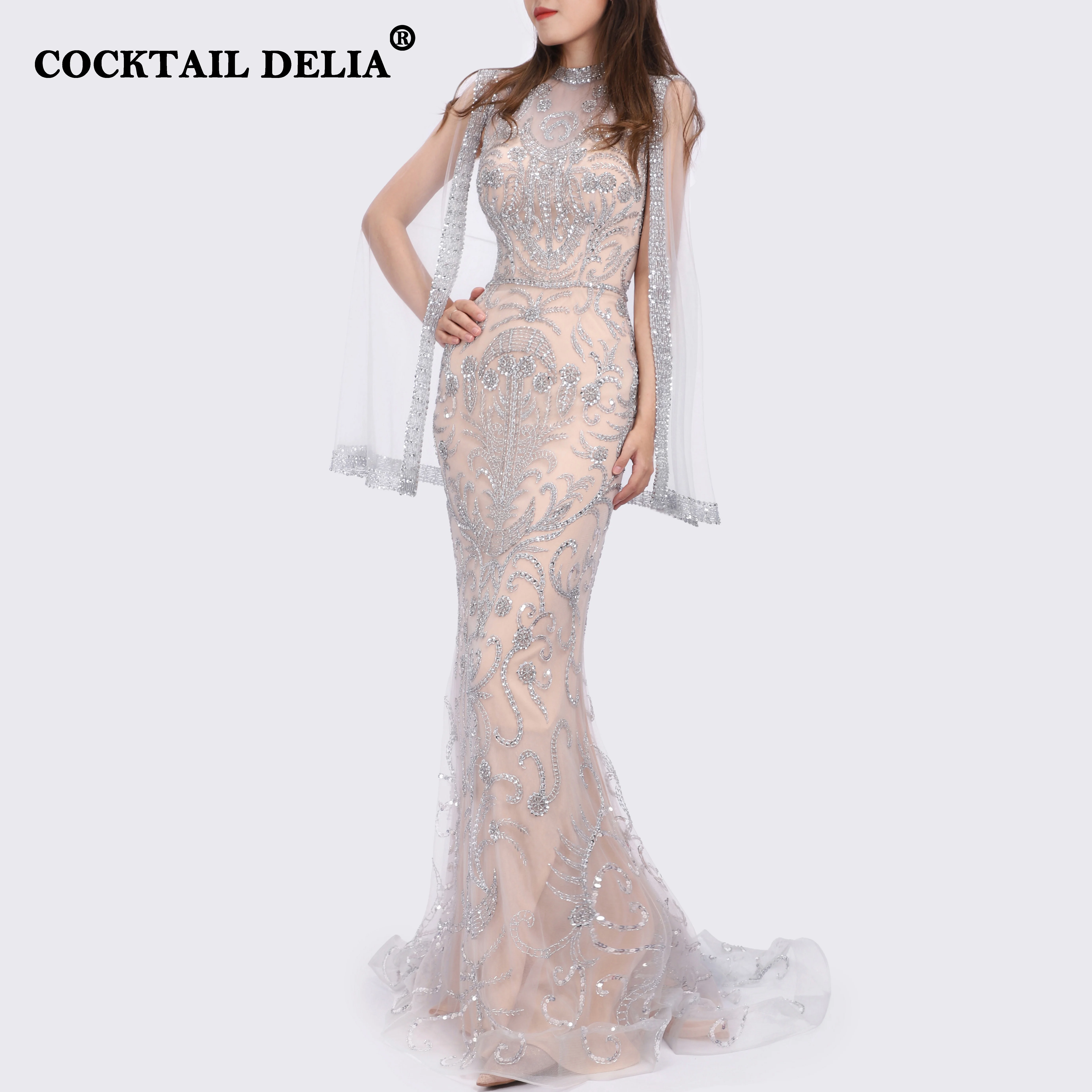 

Grey Champagne O-Neck Dubai Women's Evening Dresses Long Mermaid Luxury 2021 Elegant Party Gown Sparkly Beading Prom For Muslim