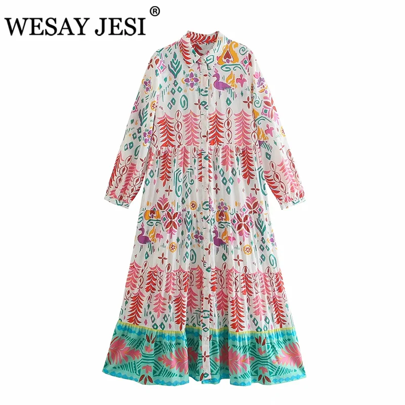 

WESAY JESI Women Clothing Dress TRAF ZA 2021 Women Vintage Color Matching Floral Print Midi Dress Female Chic Breasted Pleats