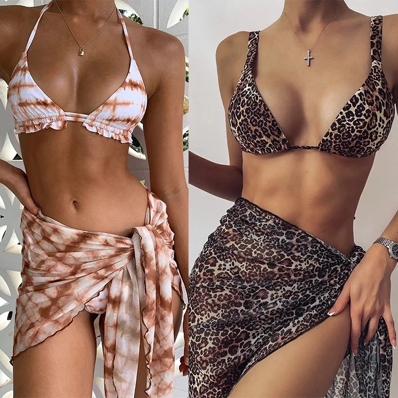 

Sexy 3 Piece Swimsuit Women Tie Dye Push Up Padded Biquini Brazilian Summer Bathing Suit Thong Bikini 2021 Swimwear Women Skirt