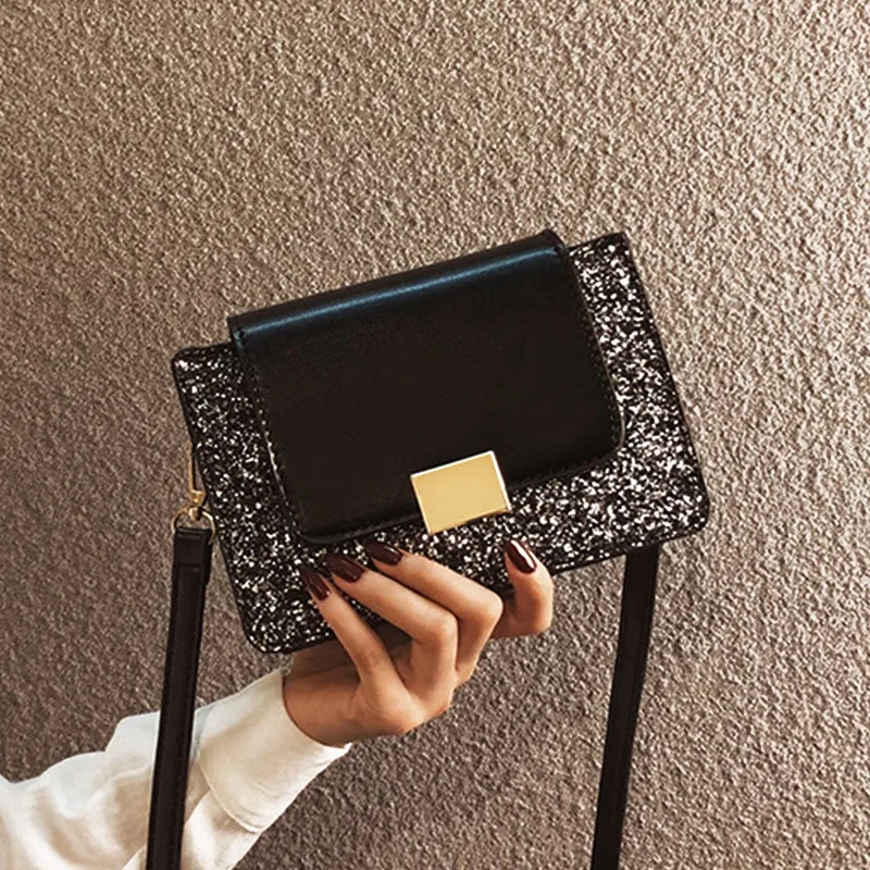 New Fashion Sequins Leather Lock Small Square Bag Wild Shoulder Messenger | Багаж и сумки