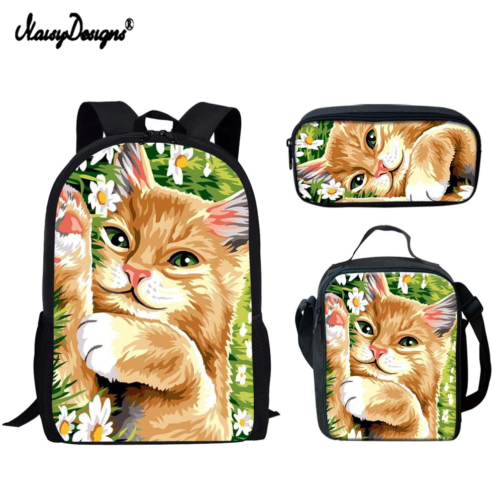 Рюкзак с принтом кошки для девочек-подростков, 3 шт./комплект