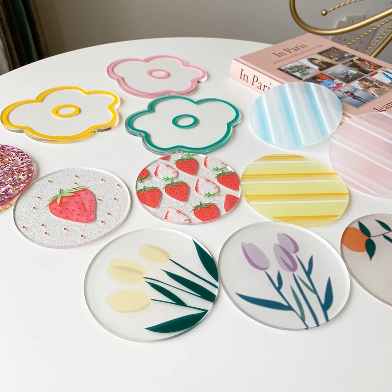 

South Korea Ins Color Acrylic Coaster Insulation Pad Creative Coffee Coaster Flower Strawberry Sequin Non Slip Pad