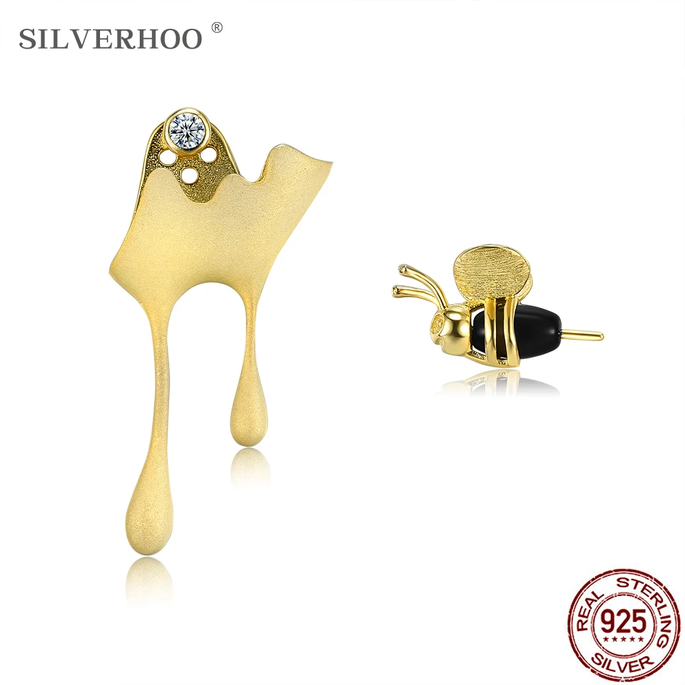 

SILVERHOO 925 Sterling Silver Earrings For Women Cute Gold Color Bee And Water Drop Honey Asymmetric Stud Earring Luxury Jewelry