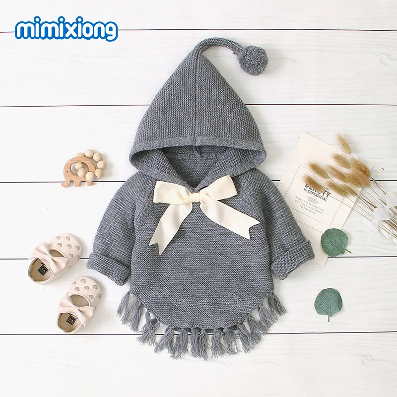Свитер с бантом для маленьких девочек демисезонные вязаные куртки капюшоном модные пальто бахромой