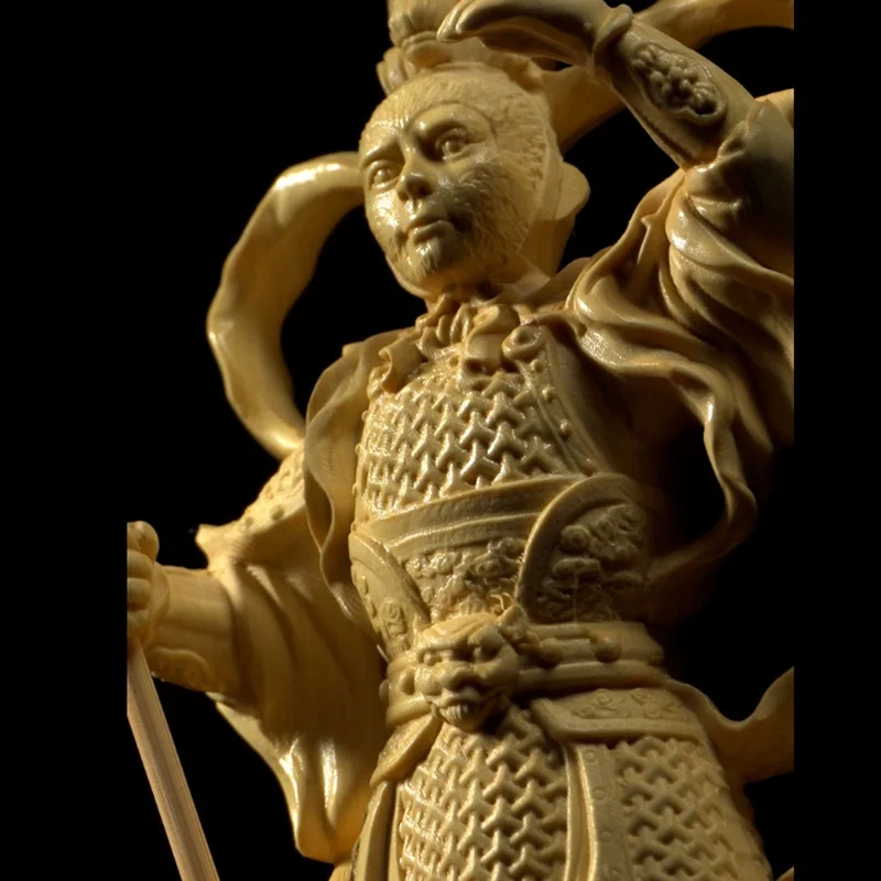 

Chinese style mythical character Sun Wukong statue, solid wood carving, modern art sculpture crafts, home decoration ornaments