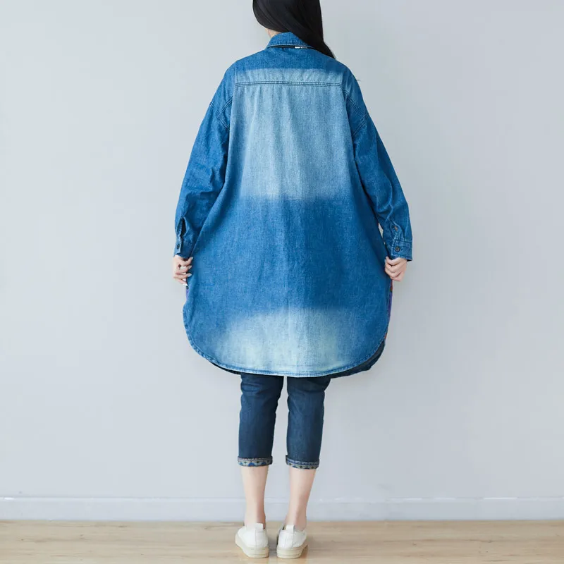 

Women Elegant Ethnic Print A-Line Dress Vintage Long Sleeves denim Cotton Dresses Vestido