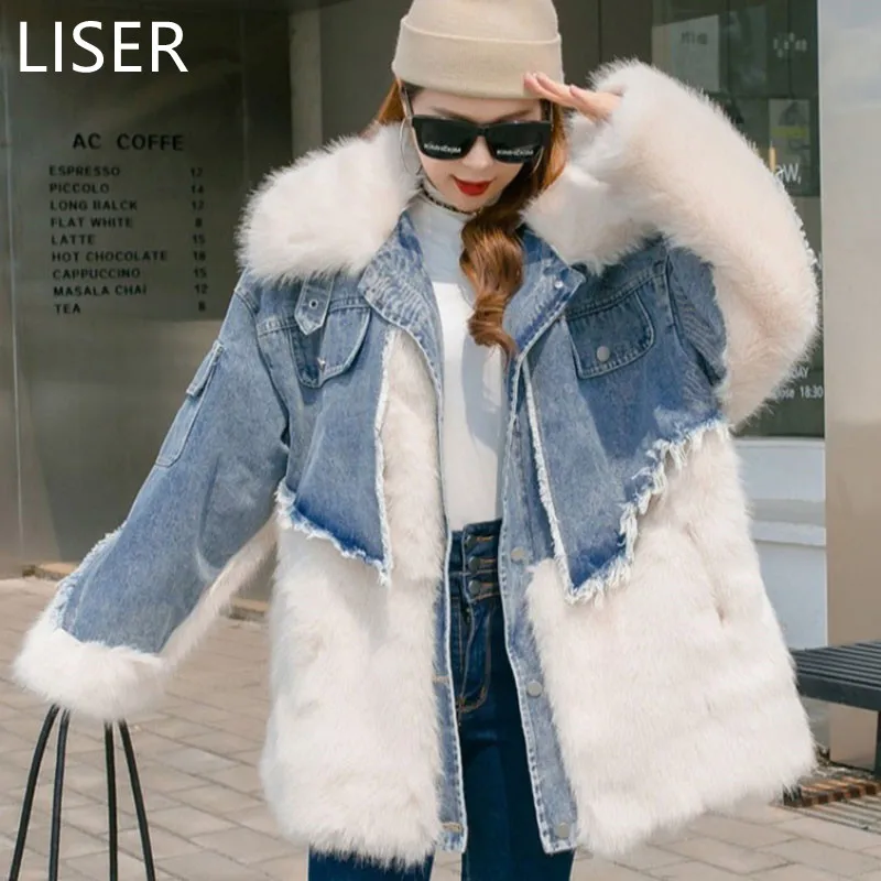 

Женская светильник джинсовая куртка из хлопка, с имитацией меха