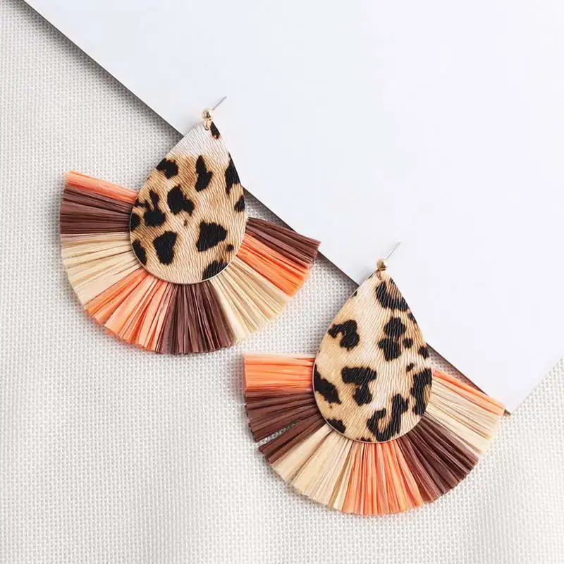 

ZWPON Animal Print PU Leather Teardrop Fan Fringe Raffia Tassel Earrings Jewelry Wholesale