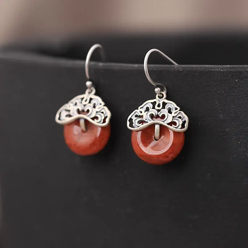 

[Red Stove] Natural South Red Agate Eardrops Chinese Style Earrings Antique Earrings S925 Sterling Silver Women's Retro Classic