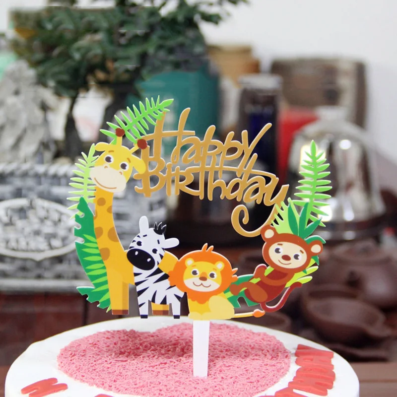 

Wild Jungle Party Cake Topper Happy Birthday Animal Cake Flag Boy Birthday Party Decoration Children Forest Party Supplies