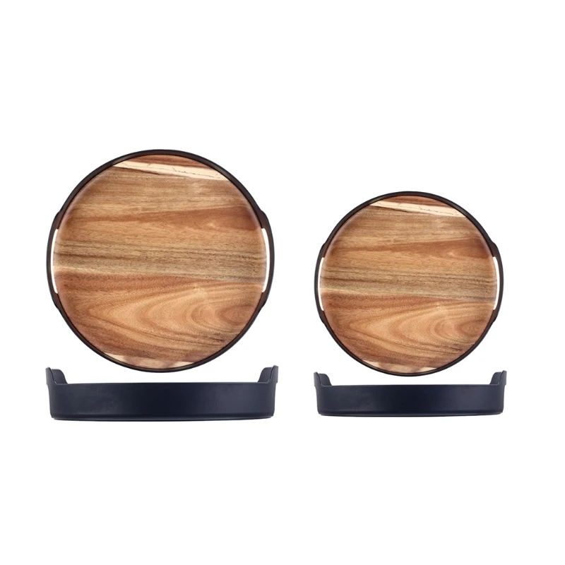 2 в 1 Круглый съемный деревянный поднос с пластиковыми ручками |