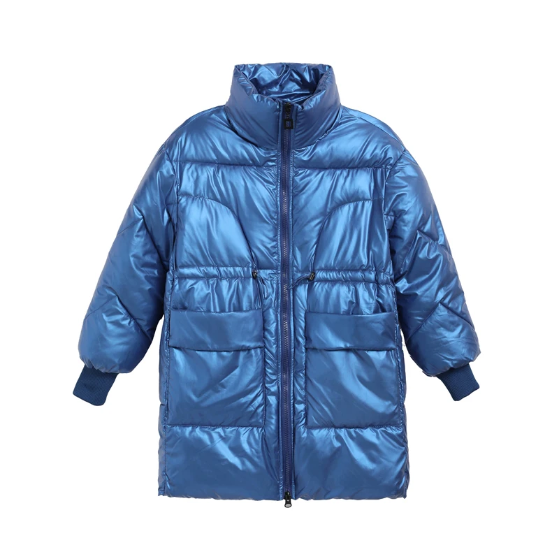 Solid Casual Long Women Winter Parkas Stand Collar Glossy Thick Down Cotton Coat Ladies Shiny Zipper Puffer Jacket with Pockets