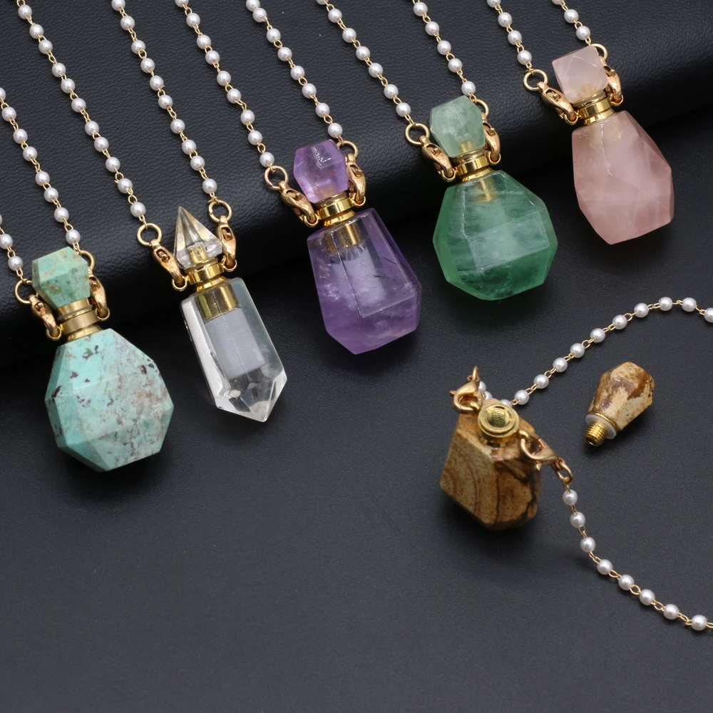 Natural Perfume Bottle Pendant Necklace Amethysts Rose Quartzs Essential Oil Diffuser Pendant Pearl Chain Necklace Women Jewerly