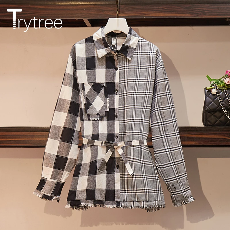 Женский офисный комплект Trytree повседневный Асимметричный клетчатый Топ с поясом