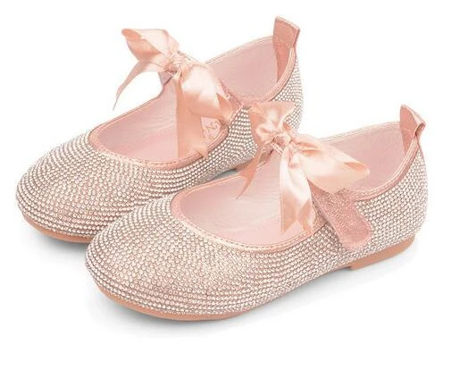 

Children's Princess shoes girls glitter leather crystal shoes fashion bow party wedding flats kids banquet blue
