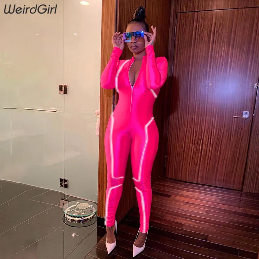 Женский светоотражающий комбинезон в полоску на молнии с высоким воротником и