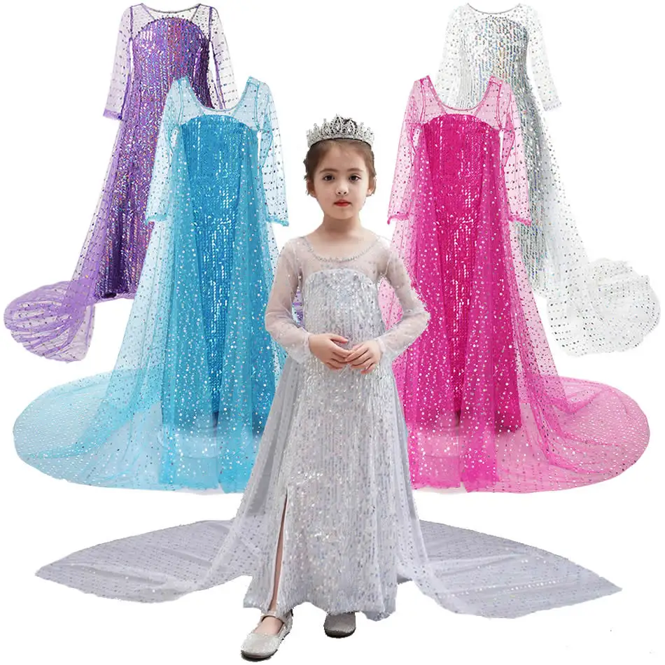 

Elsa White Dress For Girl Snow Queen 2 Fancy Trailing Frocks Costumes Kids New Movie Role Playing Sequined Clothes