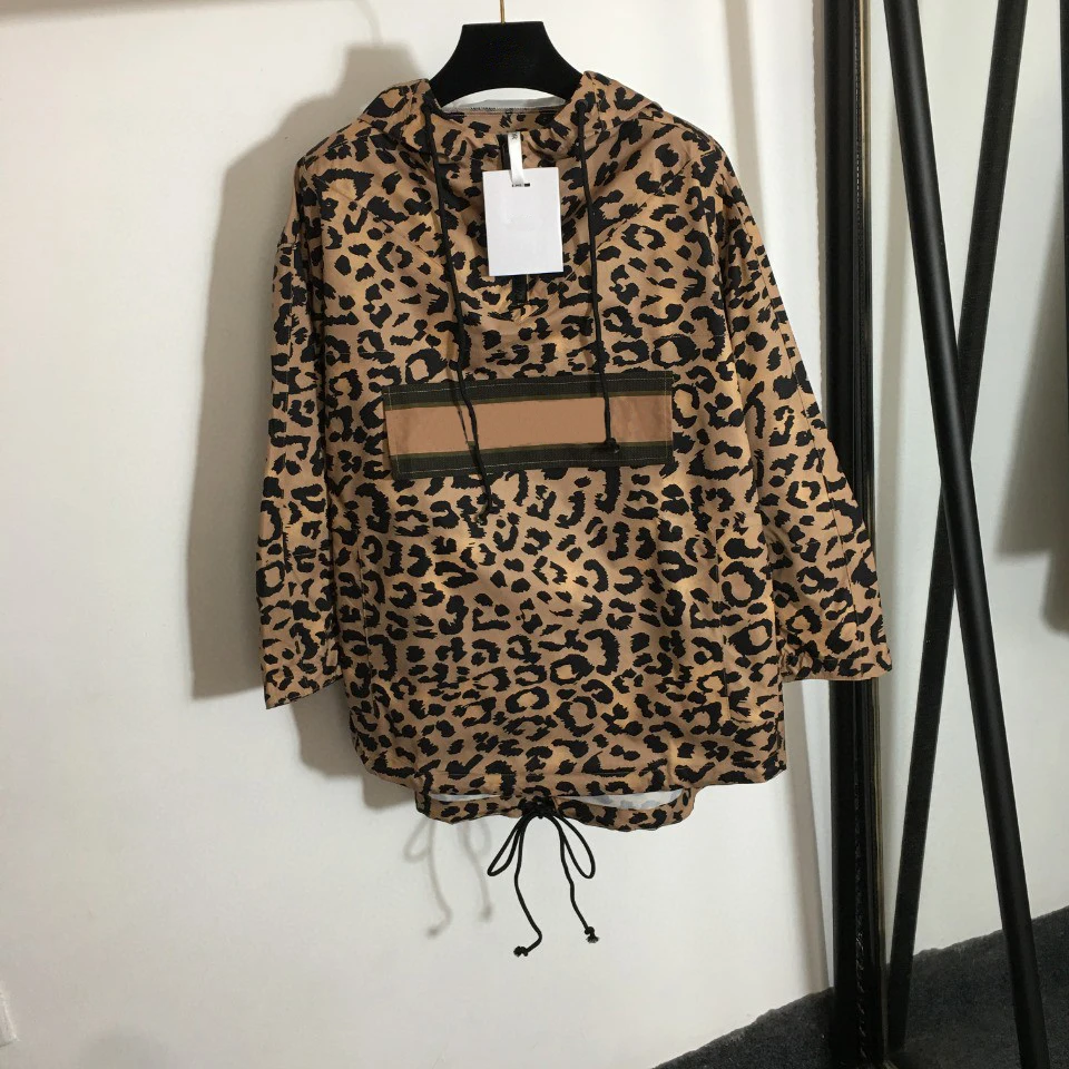 

High Quality Luxury Autumn Sexy Women's Leopard Print Long Sleeve Hooded Trench Jacket Tops
