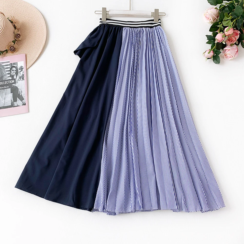 

SISHION 2022 New Spring Black White Patchwork Women Skirt High Waist Ruffles Striped Long Midi Skirt femme jupes SP1343