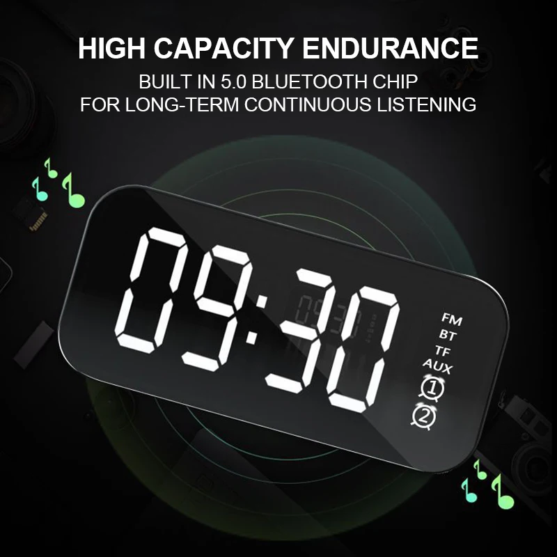 Multi Function 5.0 Bluetooth Subwoofer Speaker Wireless Mirror Alarm Clock FM Radio Protable Accessories Support TF Card AUX | Электроника