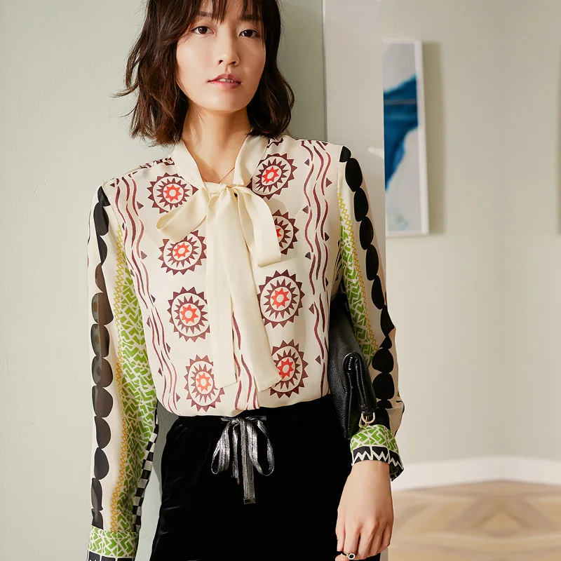 korean women print shirts femme long sleeve spring bow tie blouses femme tops