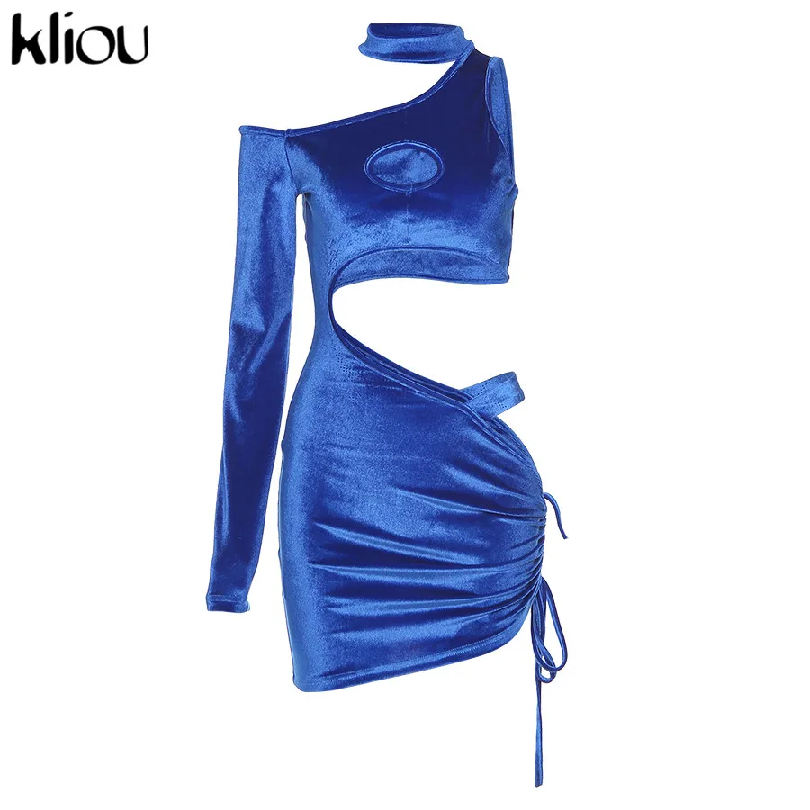 

Velvet Hollow Out Party Dresses Women 2021 Solid Single Shoulder Streetwear Skinny Slim Clubwear Sexy Mini Dress
