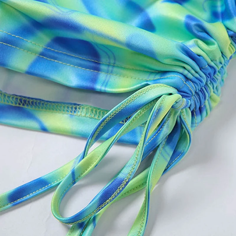 

2021 Summer Bandage Halter Print Two Piece Sets Women Backless Sexy Hot Tops+Drawstring Stacked Skirts Summer Vacation Outfits