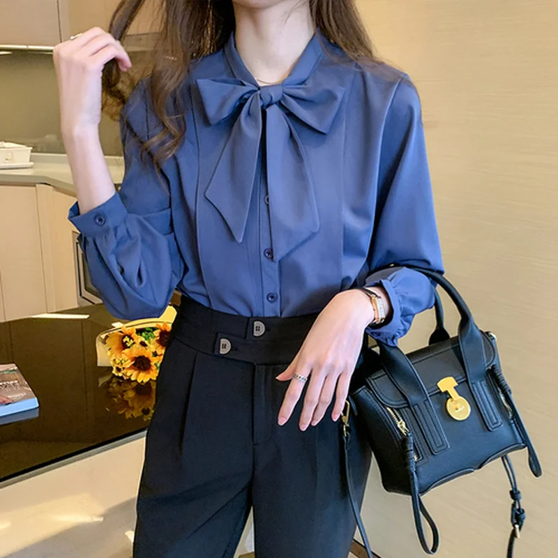 Vintage Elegant Women's Blouse Lantern Long Sleeve Blusas Bow Tie Women Shirt Autumn Single-breasted Chiffon Shirts Tops 10693 | Женская