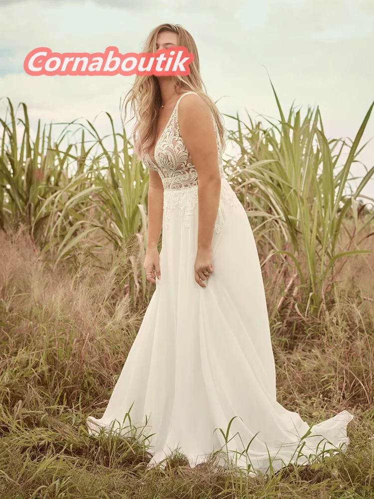 

Beach Summer Wedding Dress COR-190 Chiffon Vestido De Noiva Praia Plunging Illusion V Neckline V Back with Keyhole Tank Straps