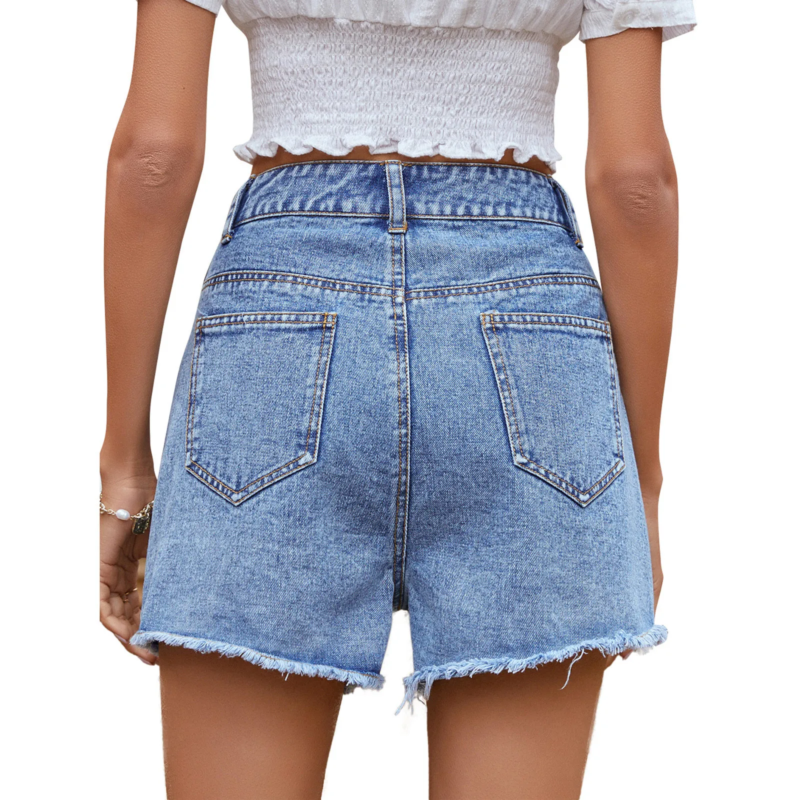 

2021 Jeans For Women's Fashion Middle-waisted Straight Pocket Hole Short Pants