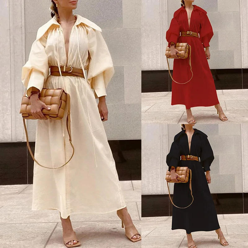 

Женское платье с длинными рукавами-фонариками, элегантное Привлекательное платье в офисном стиле с большим V-образным вырезом и поясом, осе...