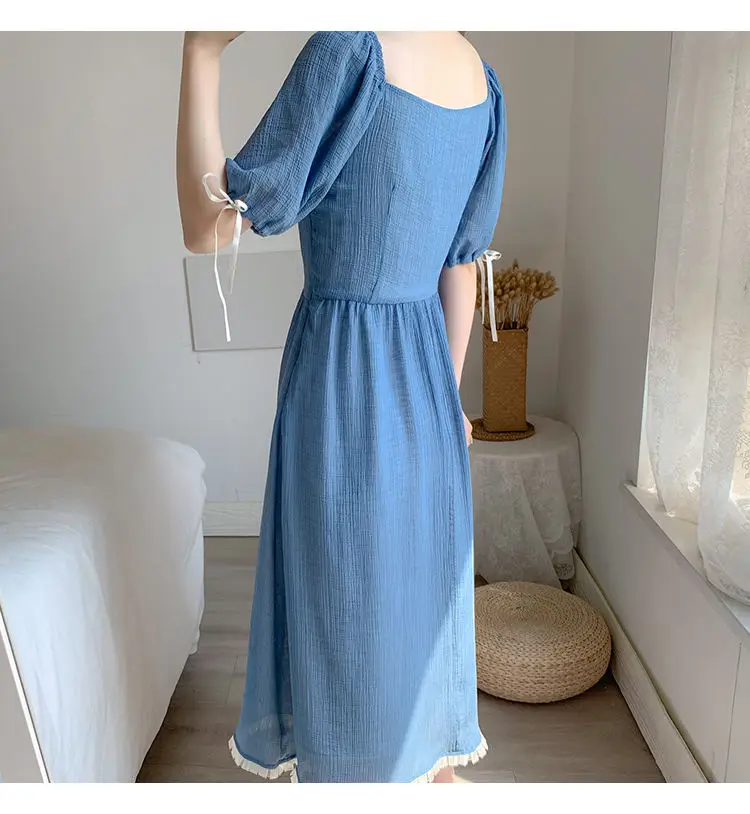 

2021 New Summer Women's Dress Fashion Slim Chiffon Blue Beach Dress Casual Short Sleeve Elegant Office Working Dresses
