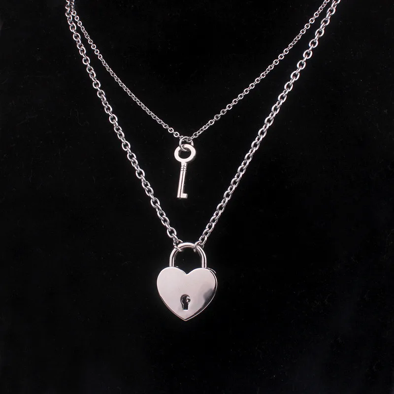 

New layered chains hiphop Punk Stainless Steel Padlock Necklace men rock heart Lock with key Necklaces for Women Jewelry Gift