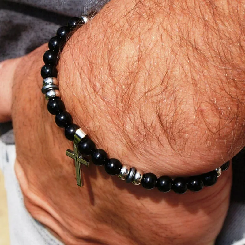 

Black Onyx Bracelet Cross Hematite Gray Mens Onyx Mens Cross Bracelet Black Bead Bracelet 6 mm Men's Jewelry Bracelets