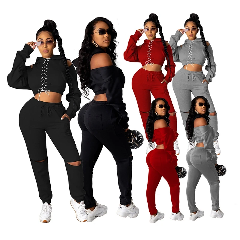 

ZOOEFFBB Tracksuit Two Piece Set for Women Hoodies Bandage Long Sleeve Tops Hole Pencil Pants Jogger Lounge Wear Matching Sets