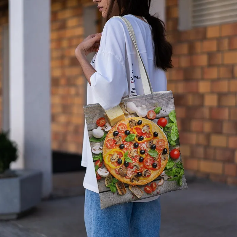

3D Pizza Printed Canvas Shoulder Bag Fashion Funny Foods Reusable Women Shopping Bag Eco Portable Storage Travel Casual Handbag