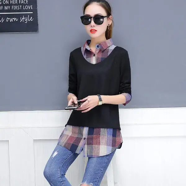 Кимоно-туника 2020 женские офисные блузки с длинным рукавом клетчатые Лоскутные