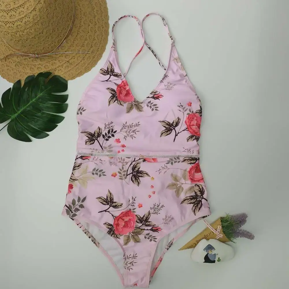Женский слитный купальник с цветочным принтом монокини глубоким v-образным