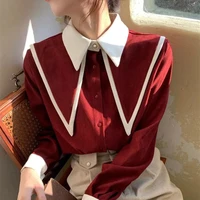 red button up shirt white sharp ruffle turn down collar blouse women tops korean fashion clothing office lady work shirts blusas
