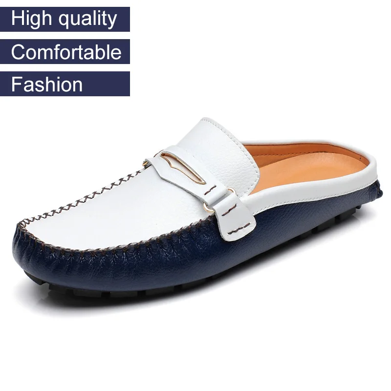 Loveontop летний Для мужчин Mule обувь женская кожаная сумка с кожаной модные женские туфли на плоской подошве удобная обувь без шнуровки на Повседневное обуви для мужчин большой размер 47 - Цвет: Синий