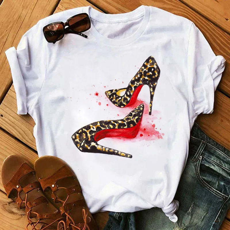 

2021 New Fashion Women T Shirt Leopard High Heels Shoes and Lipstick Print Tshirt Female Harajuku Tops Tee 90s Ladies Tee Shirts